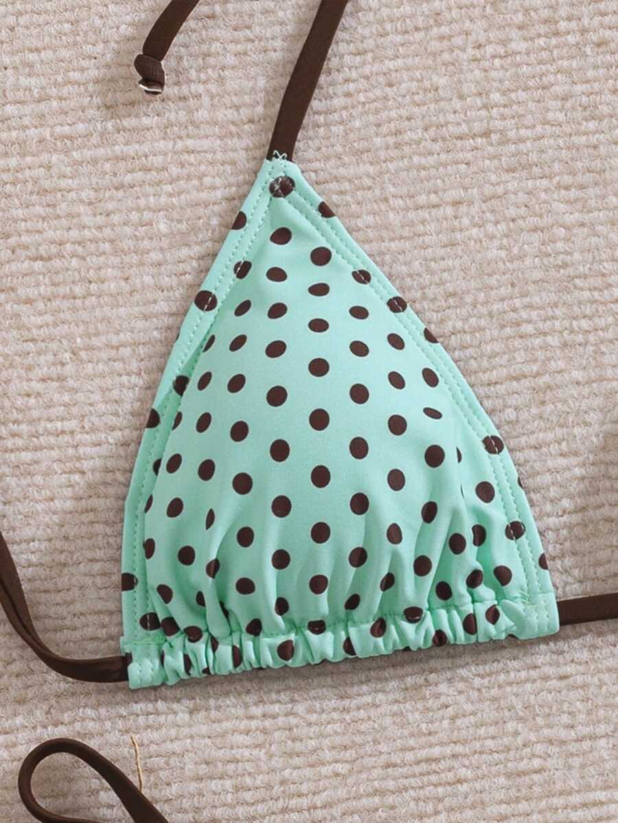 Women's 2-piece halter bikini set featuring geometric print, triangle cups with removable padding, and side tie bikini bottoms