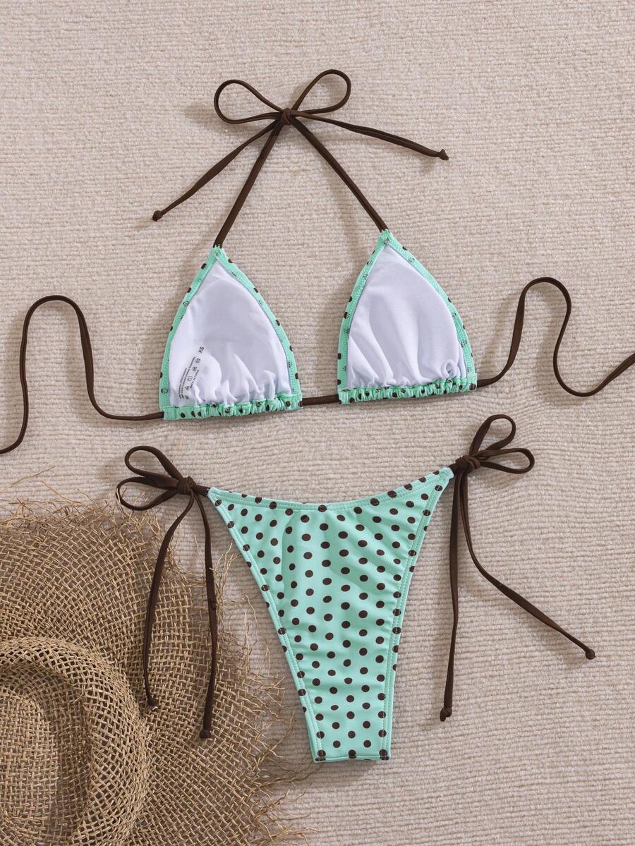 Women's 2-piece halter bikini set featuring geometric print, triangle cups with removable padding, and side tie bikini bottoms