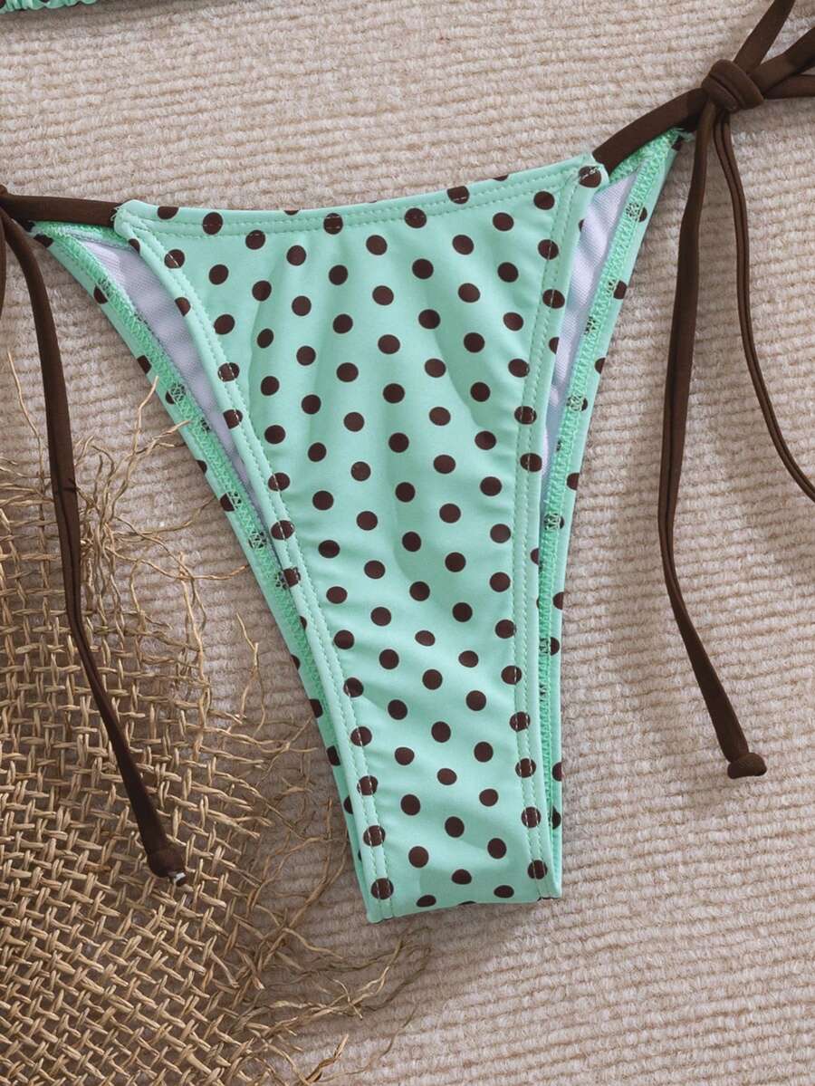 Women's 2-piece halter bikini set featuring geometric print, triangle cups with removable padding, and side tie bikini bottoms