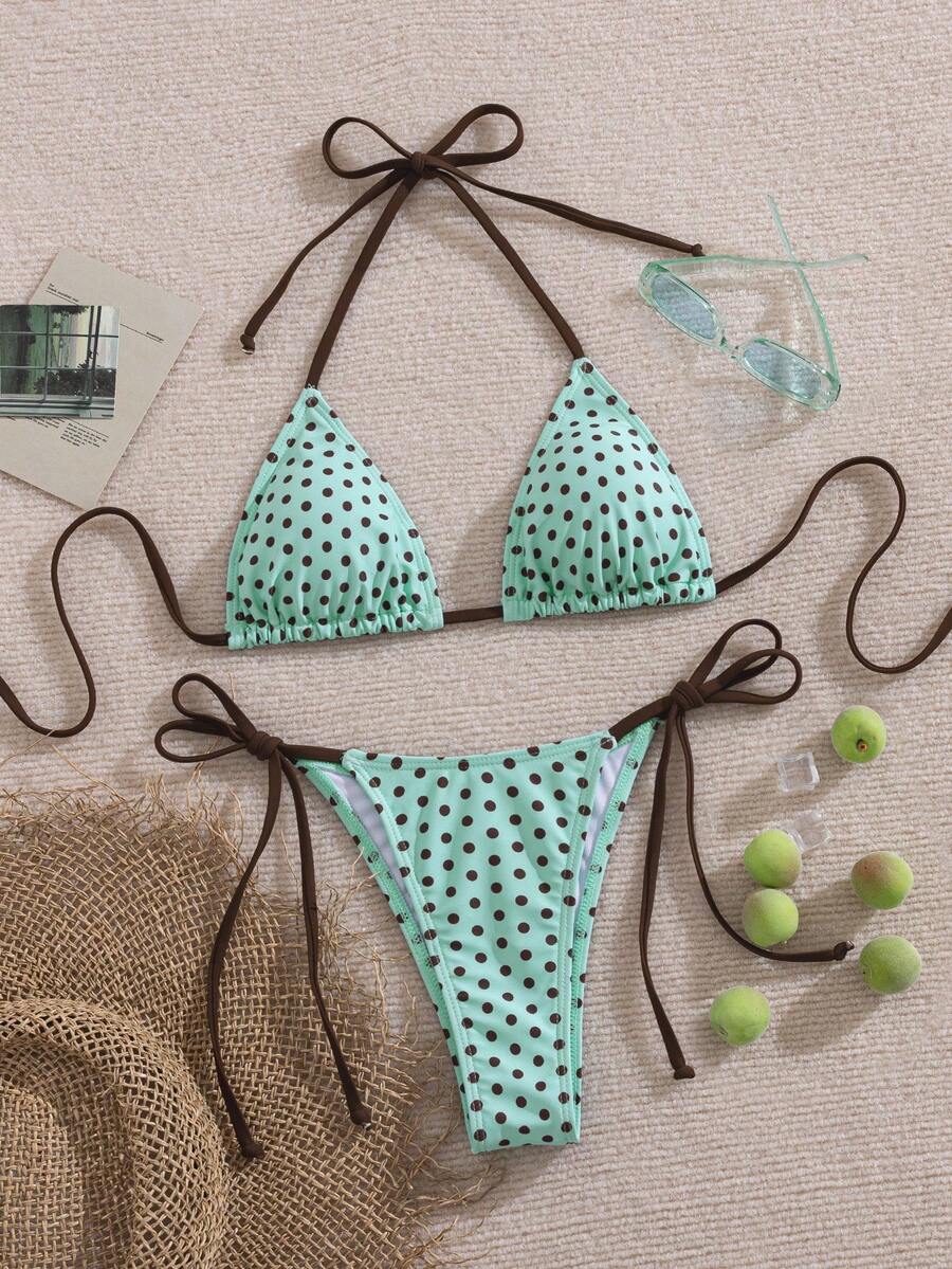 Women's 2-piece halter bikini set featuring geometric print, triangle cups with removable padding, and side tie bikini bottoms