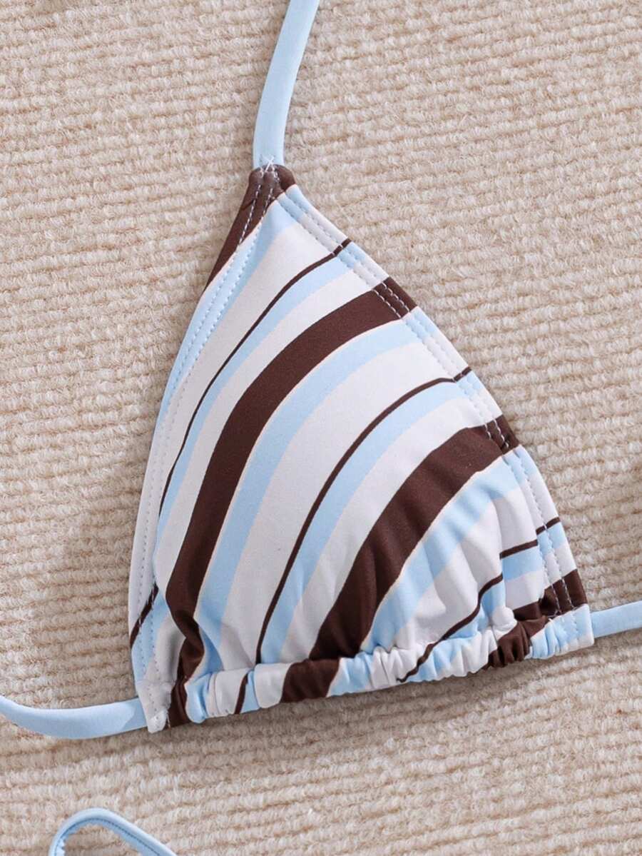 Women's 2-piece halter bikini set featuring geometric print, triangle cups with removable padding, and side tie bikini bottoms