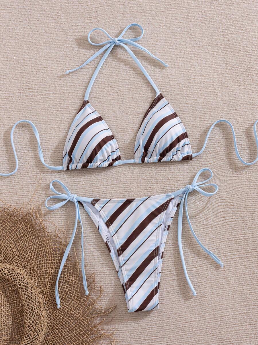 Women's 2-piece halter bikini set featuring geometric print, triangle cups with removable padding, and side tie bikini bottoms