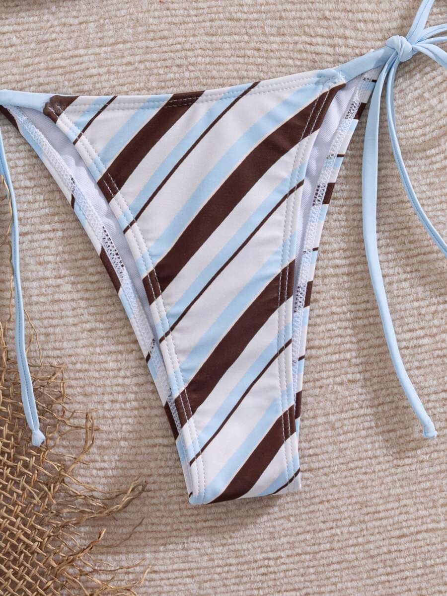 Women's 2-piece halter bikini set featuring geometric print, triangle cups with removable padding, and side tie bikini bottoms