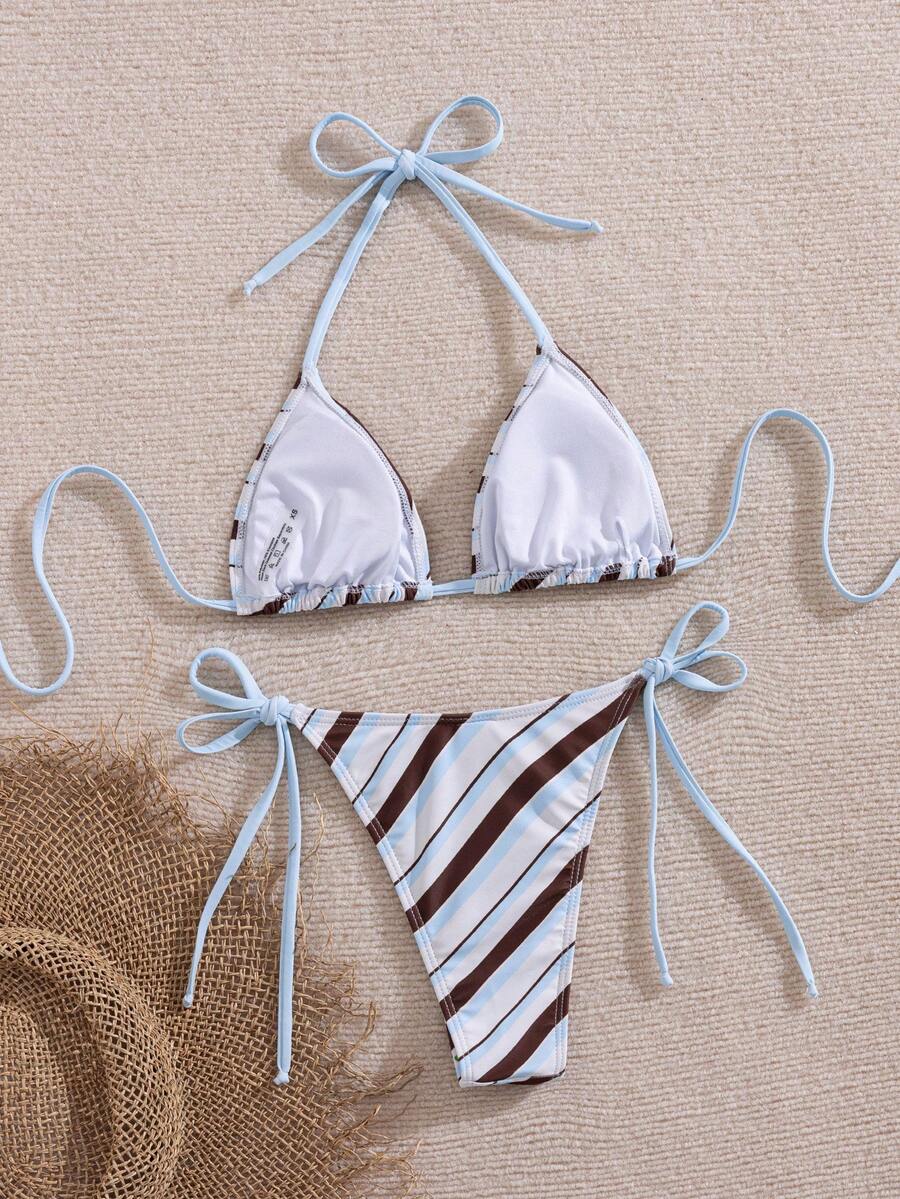 Women's 2-piece halter bikini set featuring geometric print, triangle cups with removable padding, and side tie bikini bottoms