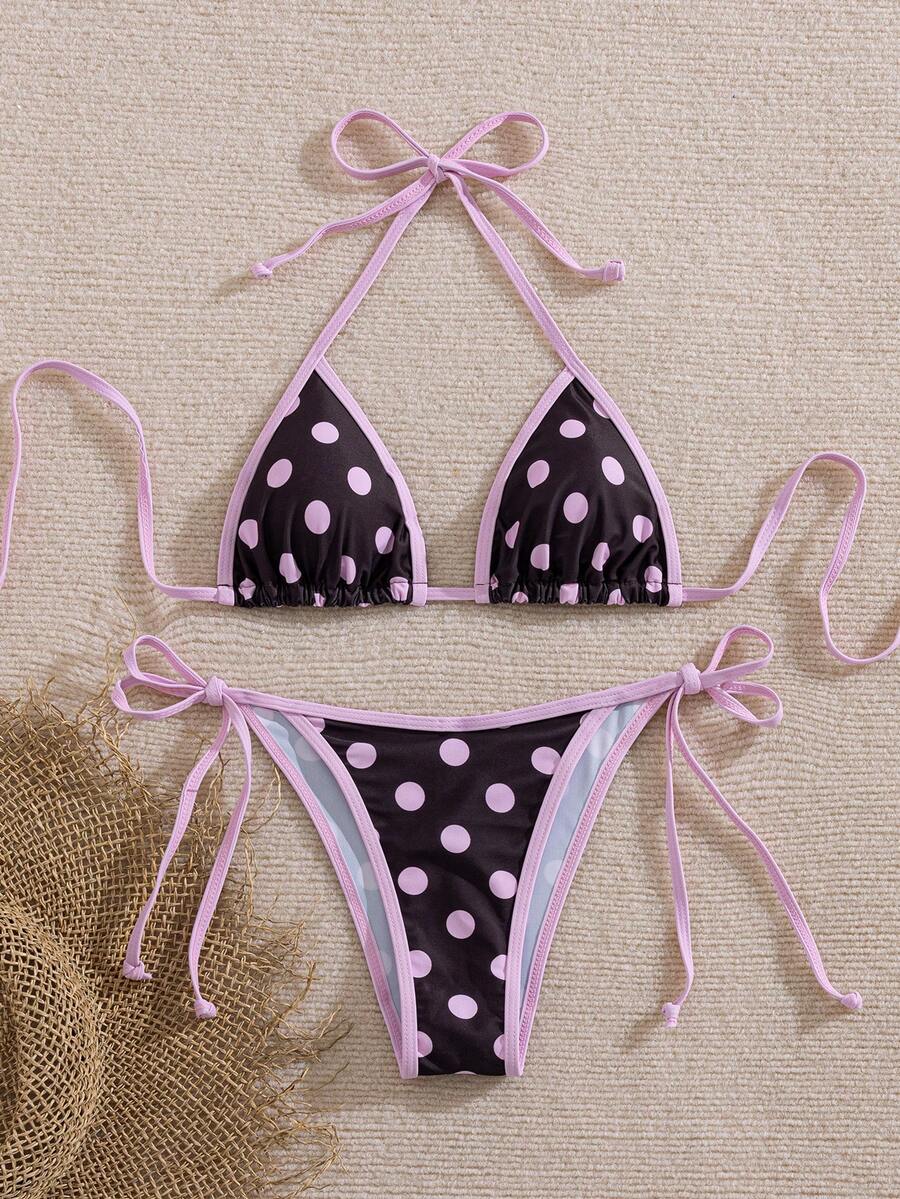 Women's two-piece halter triangle bikini set featuring a backless tie-back top with removable padding and matching tie-side mid-waist bottoms.