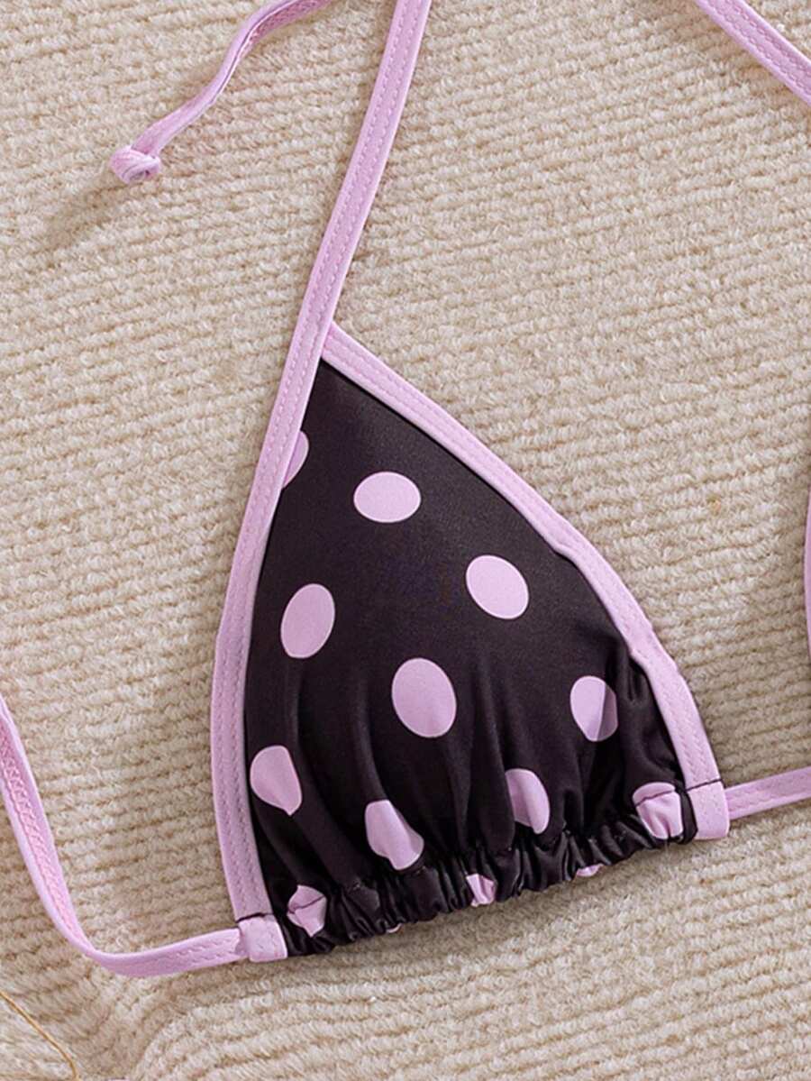 Women's two-piece halter triangle bikini set featuring a backless tie-back top with removable padding and matching tie-side mid-waist bottoms.