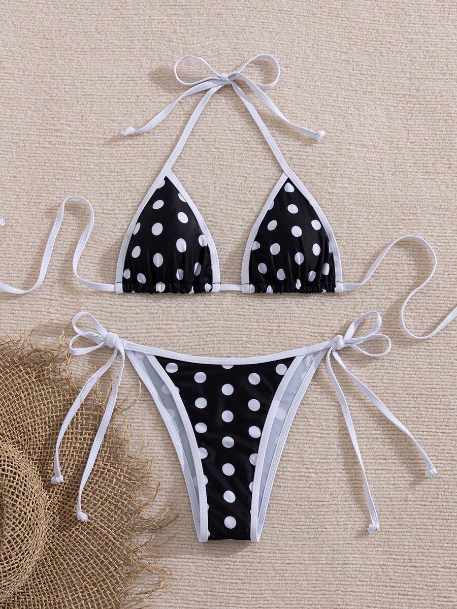 Women's two-piece halter triangle bikini set featuring a backless tie-back top with removable padding and matching tie-side mid-waist bottoms.
