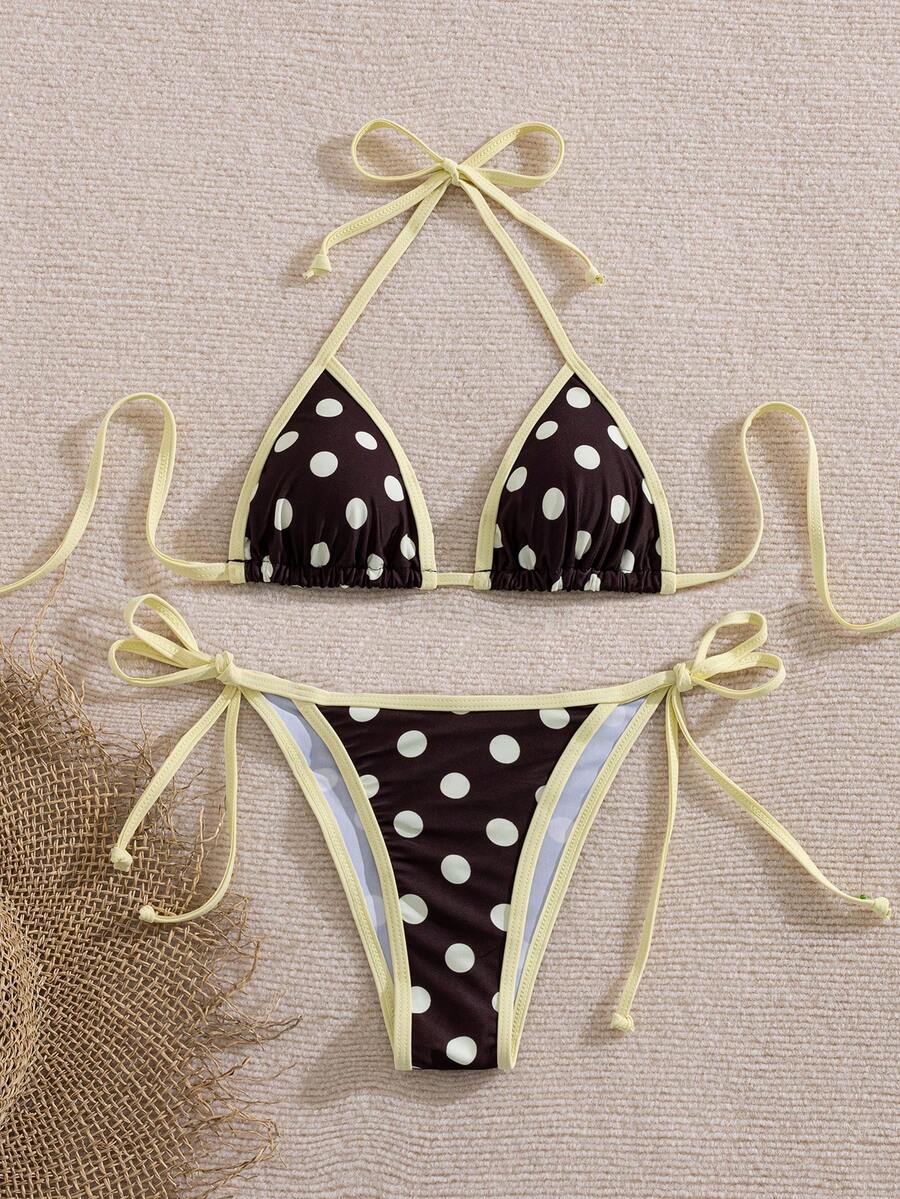 Women's two-piece halter triangle bikini set featuring a backless tie-back top with removable padding and matching tie-side mid-waist bottoms.