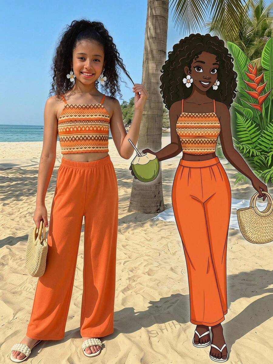 Tween girls casual 2-piece set featuring an apricot woven camisole crop top with back shirring and matching high-waisted loose long pants.