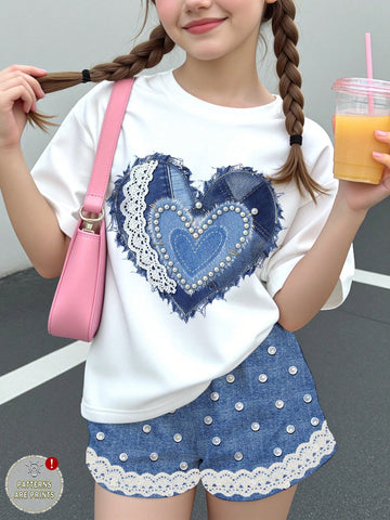 Multicolor heart print short sleeve top and loose shorts 2-piece set for tween girls
