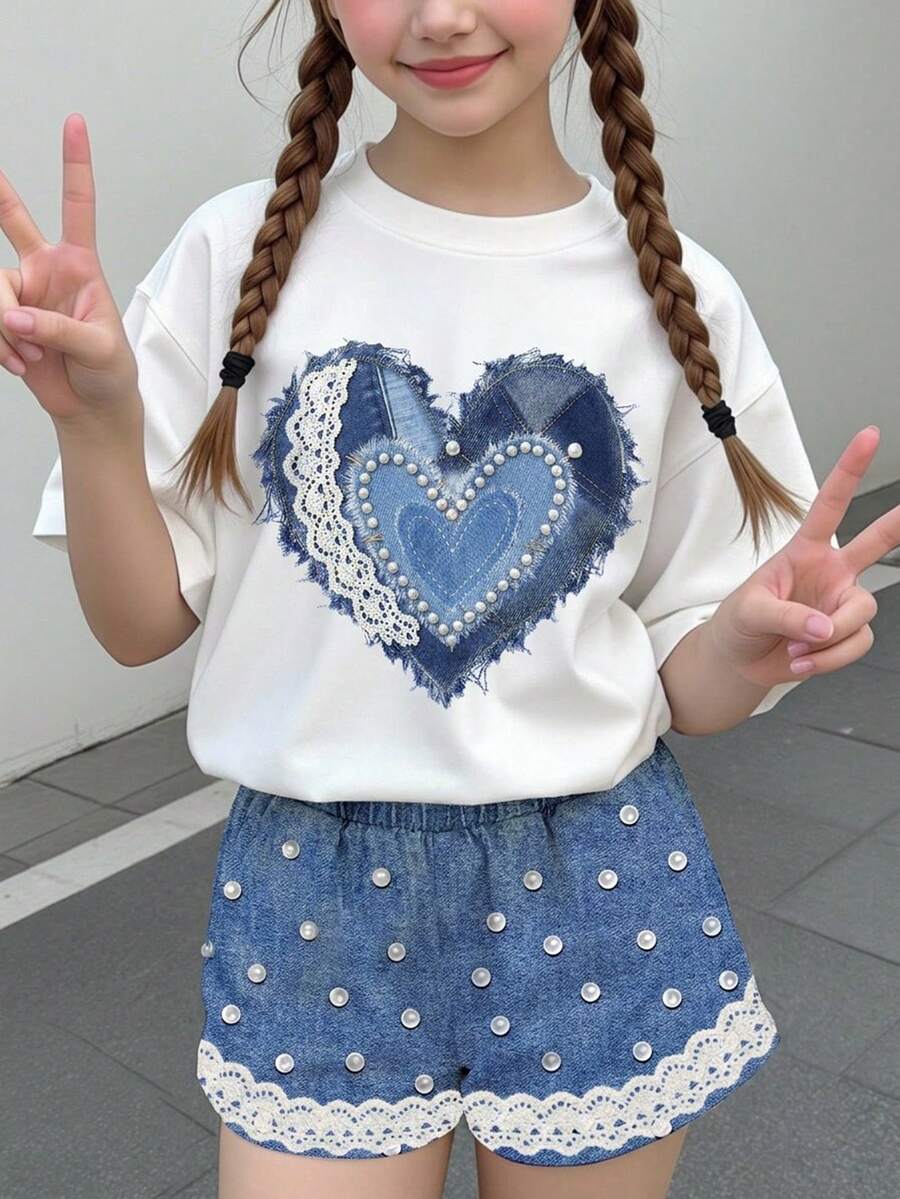 Multicolor heart print short sleeve top and loose shorts 2-piece set for tween girls