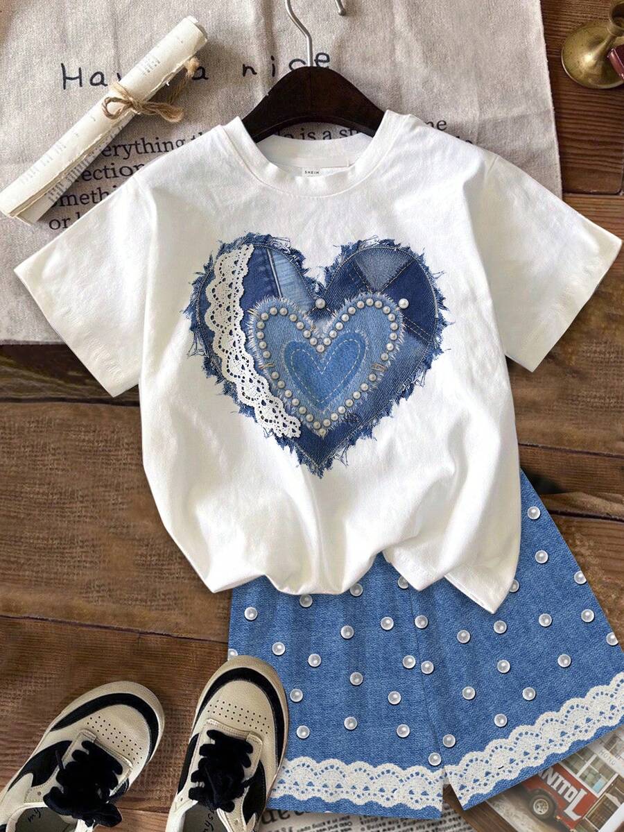 Multicolor heart print short sleeve top and loose shorts 2-piece set for tween girls