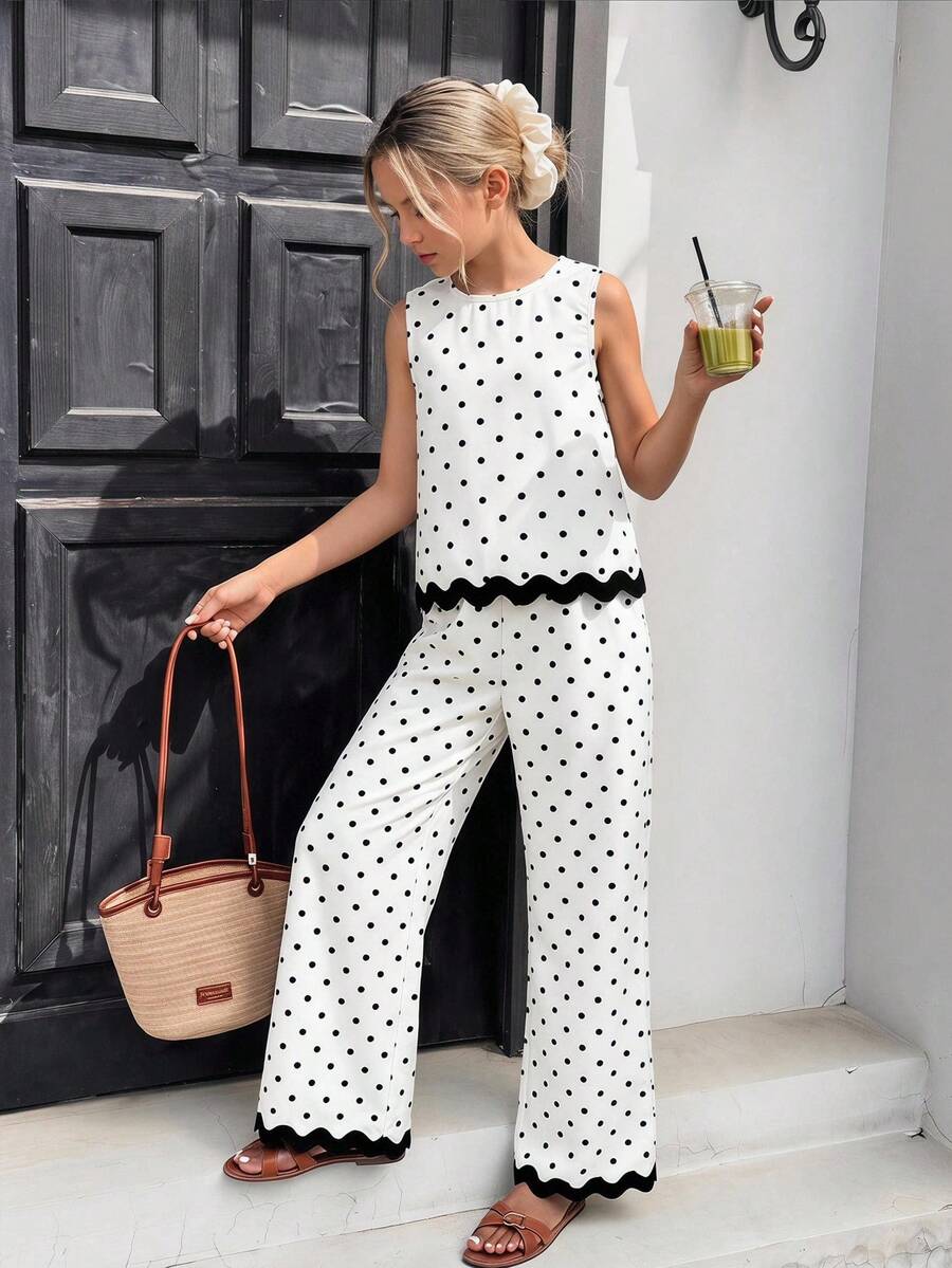 Tween girls casual apricot striped sleeveless top with round neck and ruffle hem paired with matching straight leg pants.