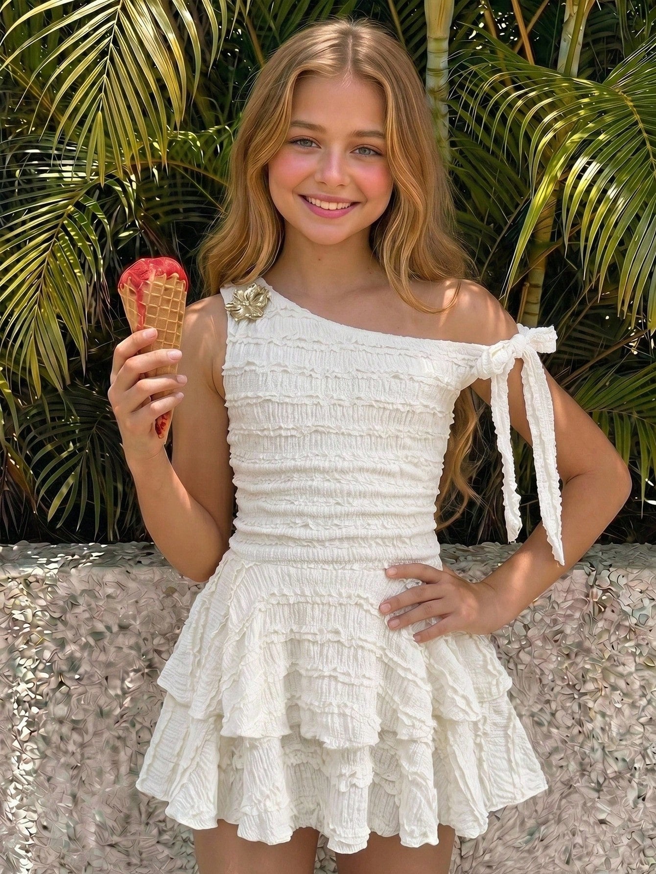 Tween girl wearing an apricot asymmetrical tiered sleeveless party dress with an A-line silhouette.