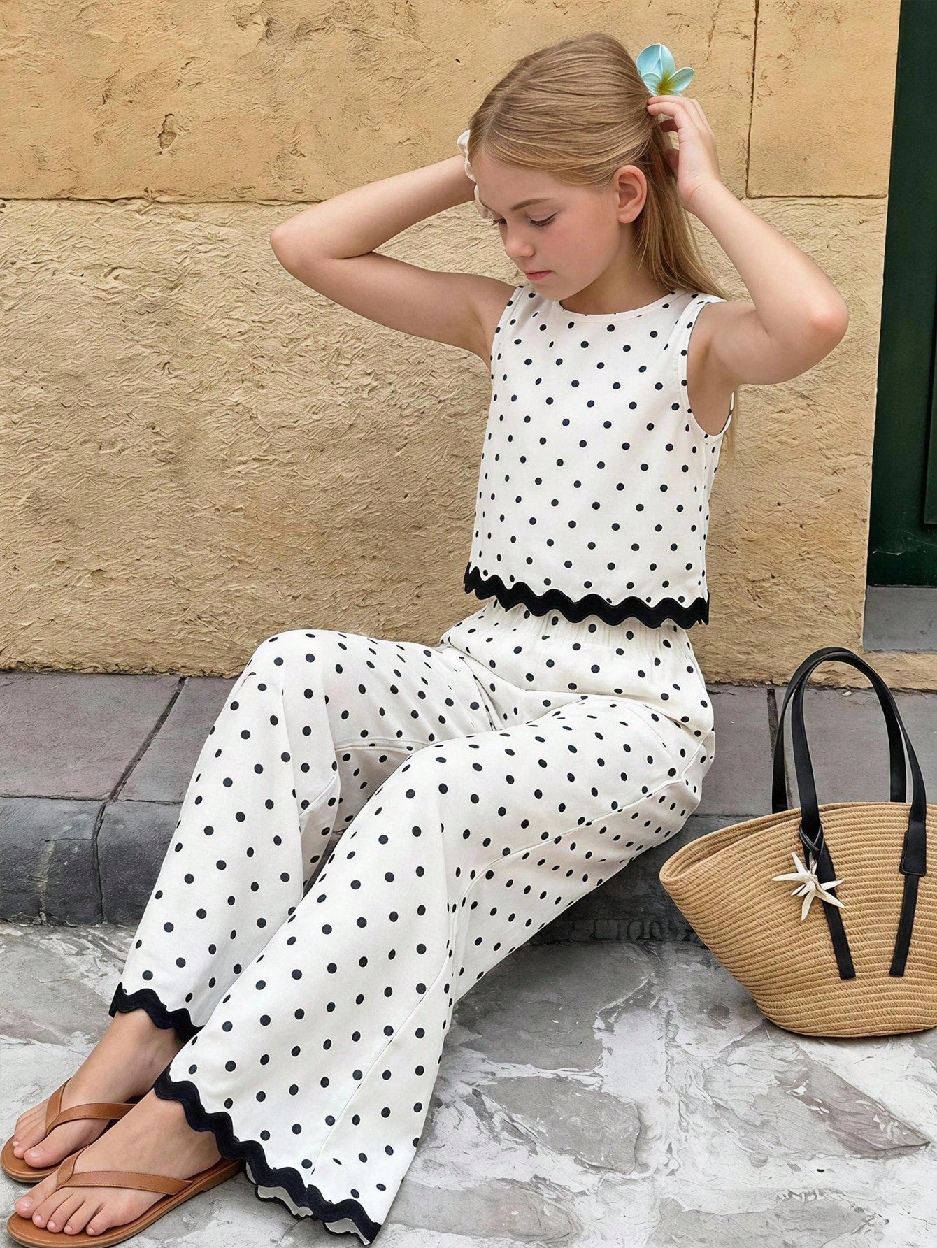 Tween girls casual apricot striped sleeveless top with round neck and ruffle hem paired with matching straight leg pants.