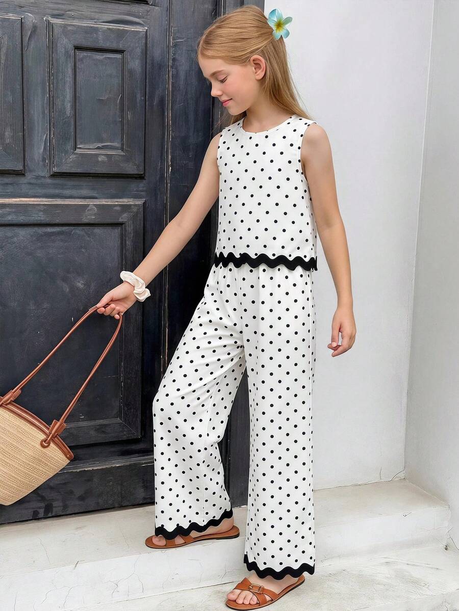 Tween girls casual apricot striped sleeveless top with round neck and ruffle hem paired with matching straight leg pants.