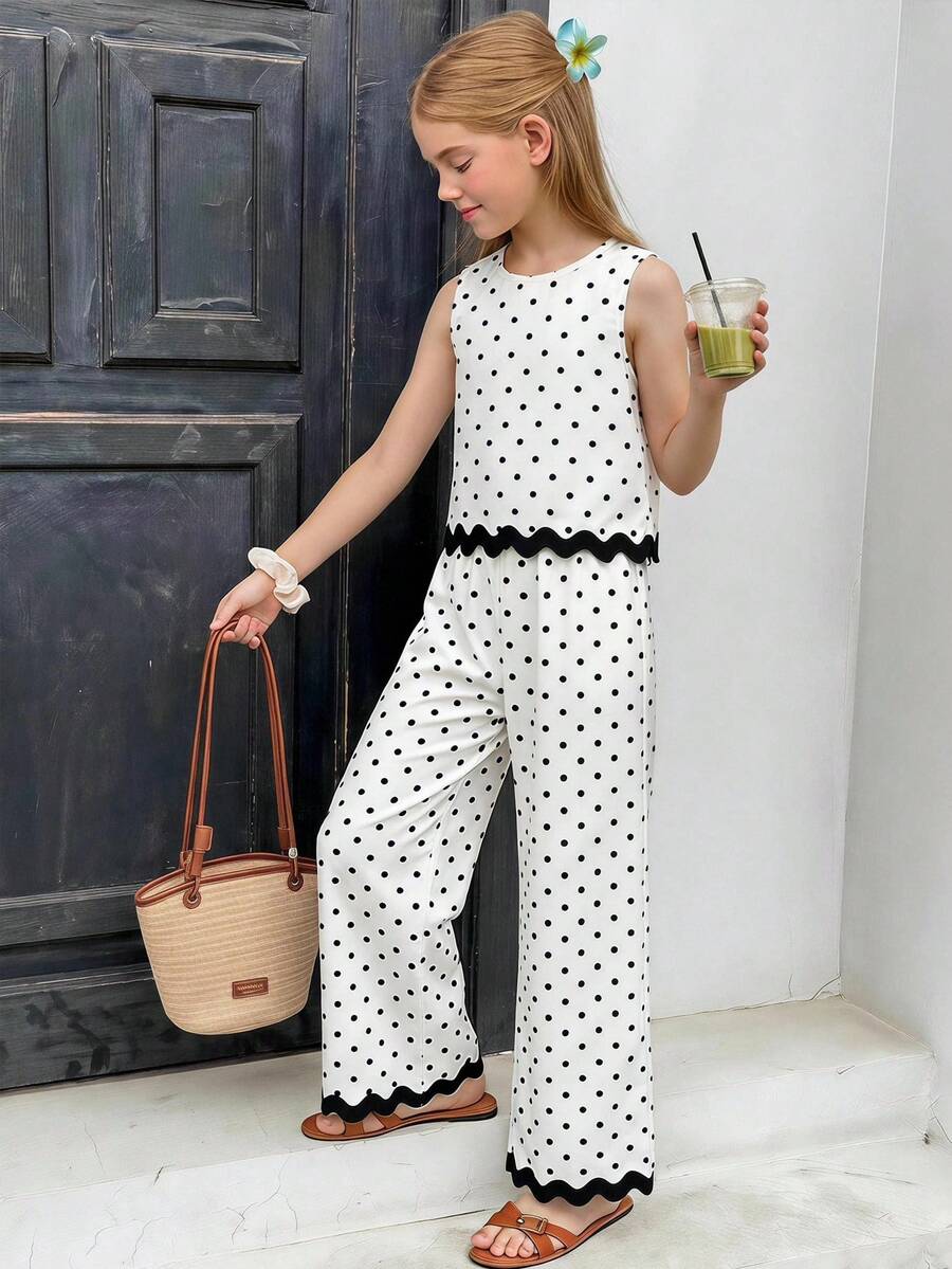 Tween girls casual apricot striped sleeveless top with round neck and ruffle hem paired with matching straight leg pants.