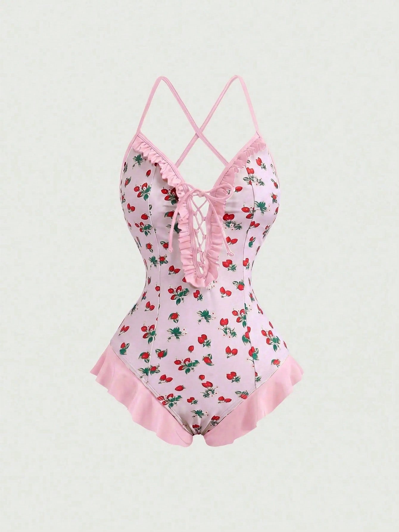 Women's strawberry print one-piece swimsuit featuring ruffle details, front-tie design, backless criss-cross straps, and triangle wireless cups.
