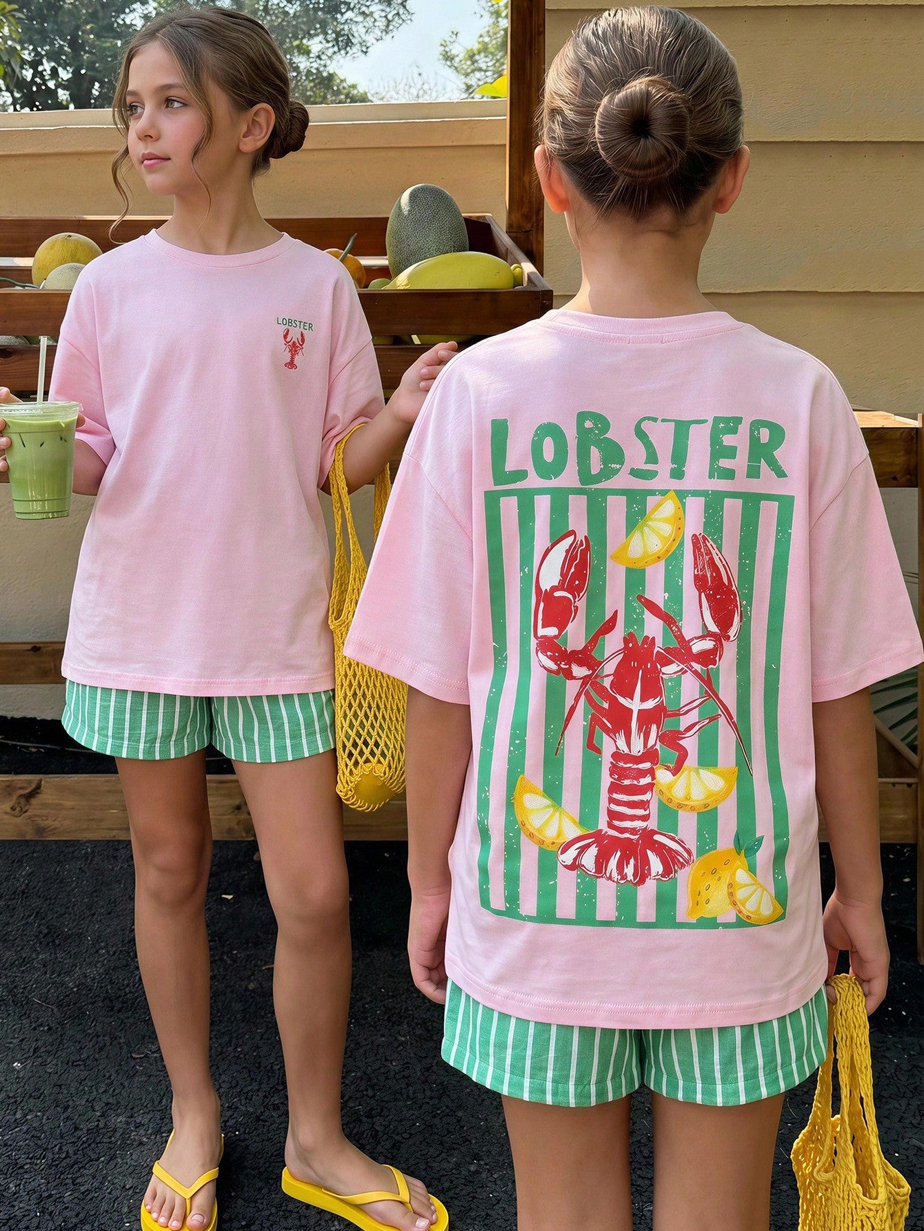 Tween girl wearing a black and white striped drop-shoulder crew neck t-shirt with bow embroidery paired with matching tie-waist shorts.