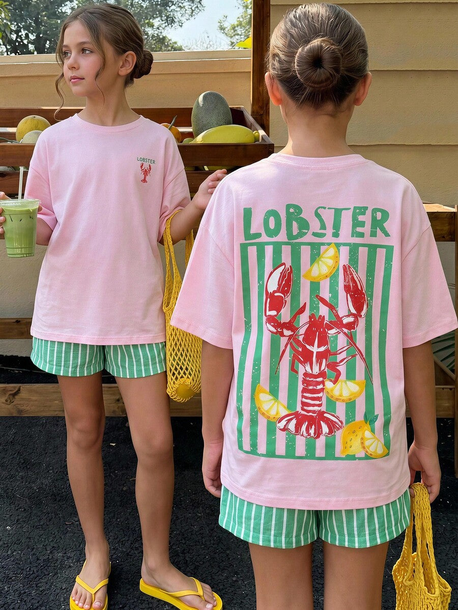 Tween girl wearing a black and white striped drop-shoulder crew neck t-shirt with bow embroidery paired with matching tie-waist shorts.