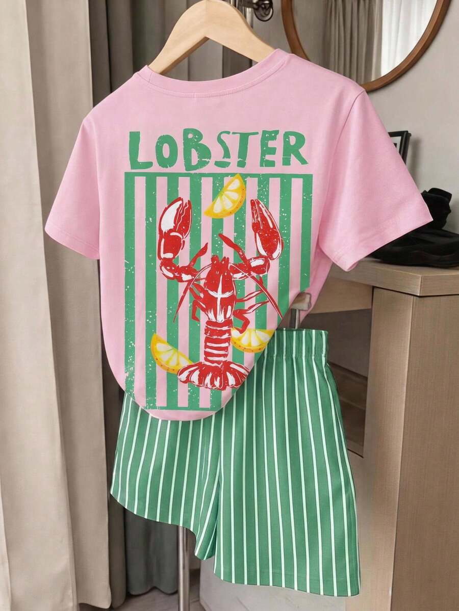 Tween girl wearing a black and white striped drop-shoulder crew neck t-shirt with bow embroidery paired with matching tie-waist shorts.