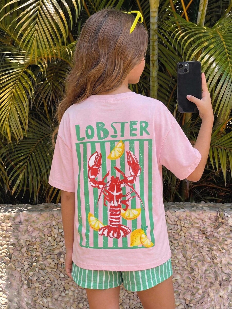 Tween girl wearing a black and white striped drop-shoulder crew neck t-shirt with bow embroidery paired with matching tie-waist shorts.
