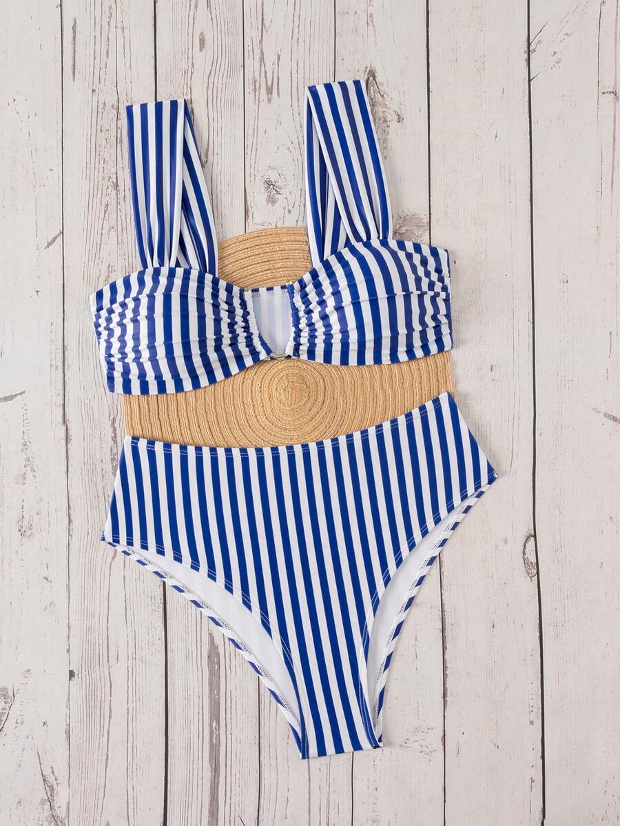 Springbreak black high waist bikini set for women featuring wireless bra top with ruffle lettuce trim and V-wired detail.