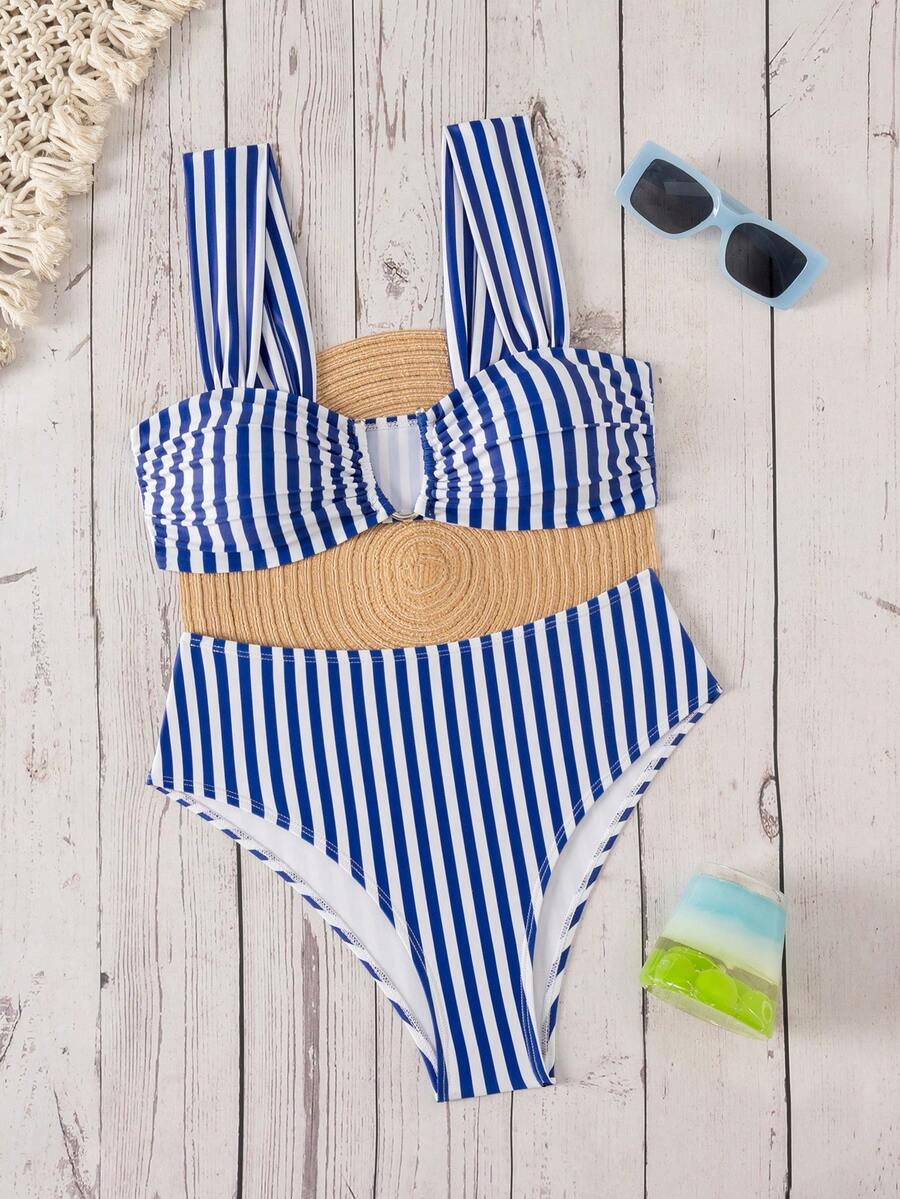Springbreak black high waist bikini set for women featuring wireless bra top with ruffle lettuce trim and V-wired detail.