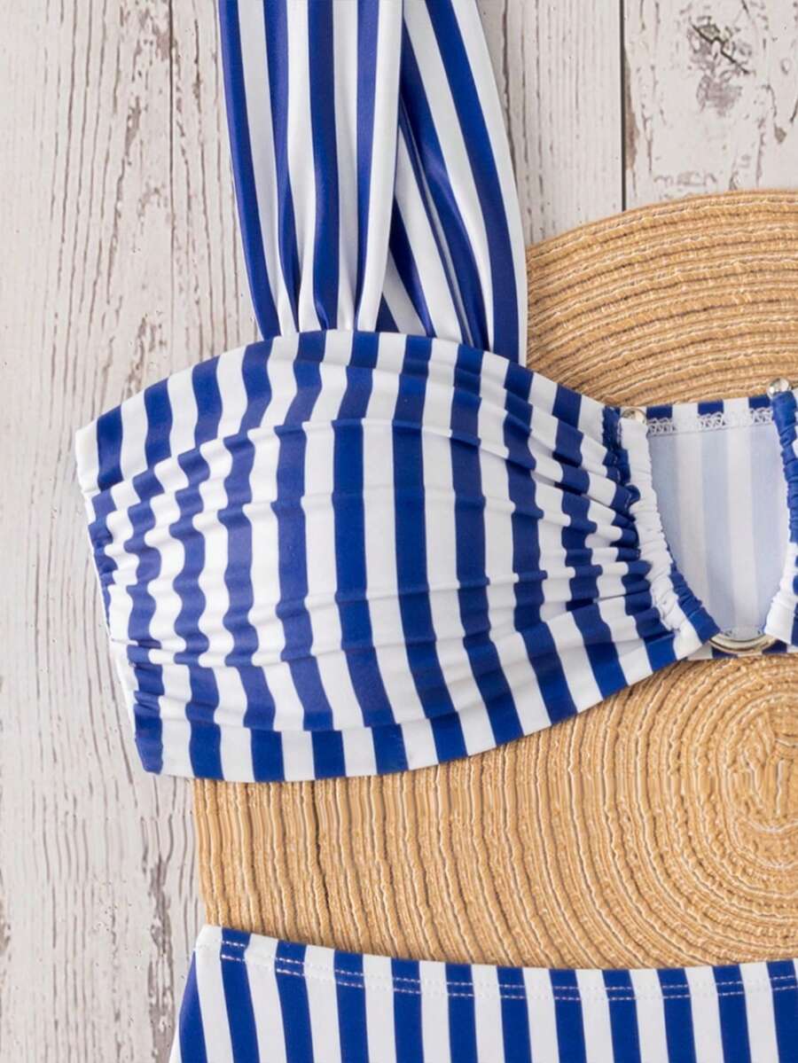 Springbreak black high waist bikini set for women featuring wireless bra top with ruffle lettuce trim and V-wired detail.