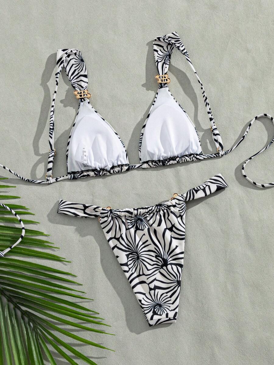 Women's multicolor high waist bikini set with textured pattern, knot details, wireless triangle bra top, and high cut bottoms.