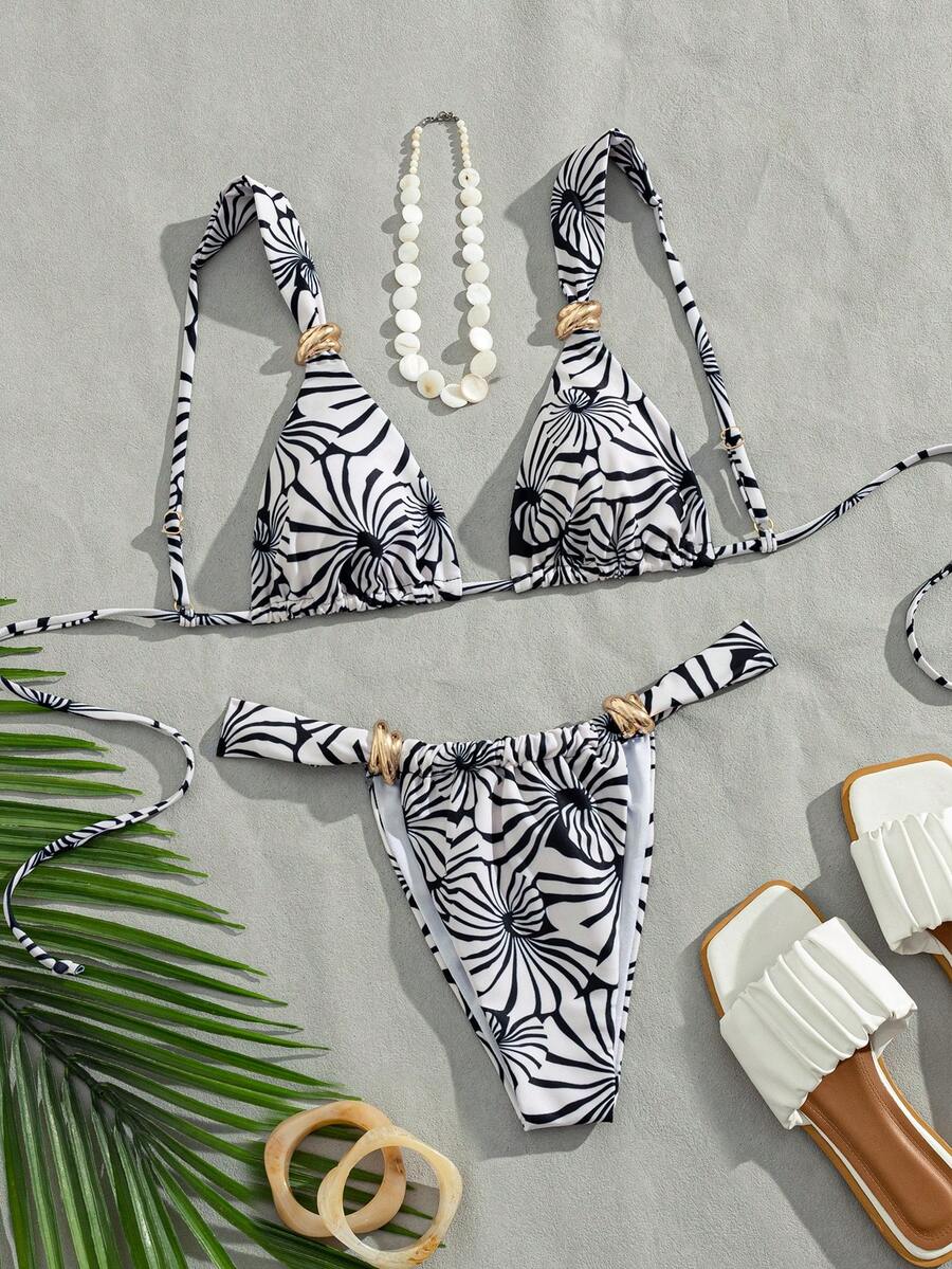 Women's multicolor high waist bikini set with textured pattern, knot details, wireless triangle bra top, and high cut bottoms.