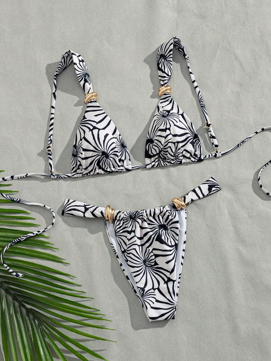 Women's multicolor high waist bikini set with textured pattern, knot details, wireless triangle bra top, and high cut bottoms.