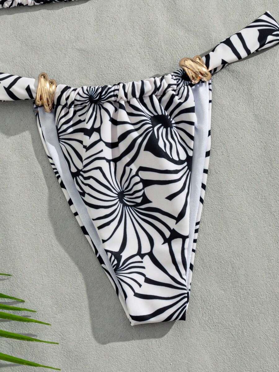 Women's multicolor high waist bikini set with textured pattern, knot details, wireless triangle bra top, and high cut bottoms.