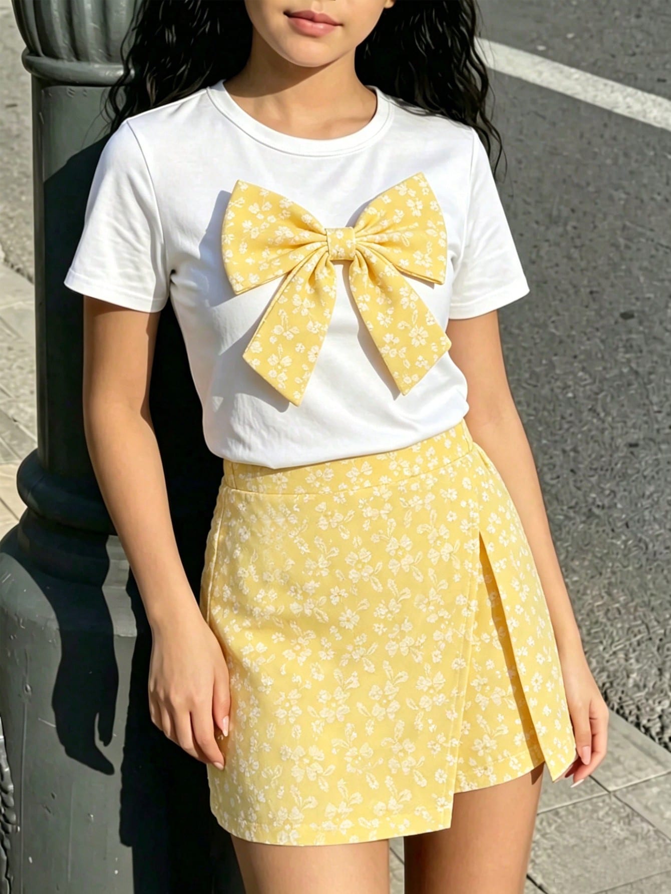 Tween girls 2-piece blue outfit featuring a short sleeve round neck t-shirt with a bow front detail and an asymmetric wrap skort.