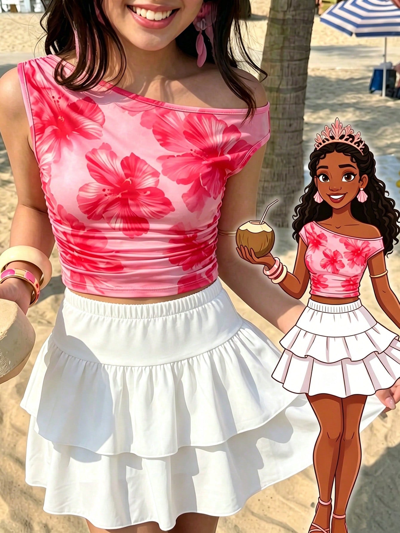 Light blue two-piece outfit set for tween girls with a sleeveless round neck vest top and a tiered ruffle cake skirt featuring a plant pattern.