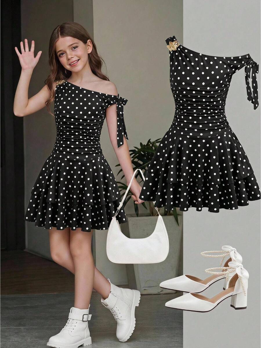 Tween girls sleeveless apricot A-line dress featuring an asymmetrical neck, contrast lace trim, and a flared hem.