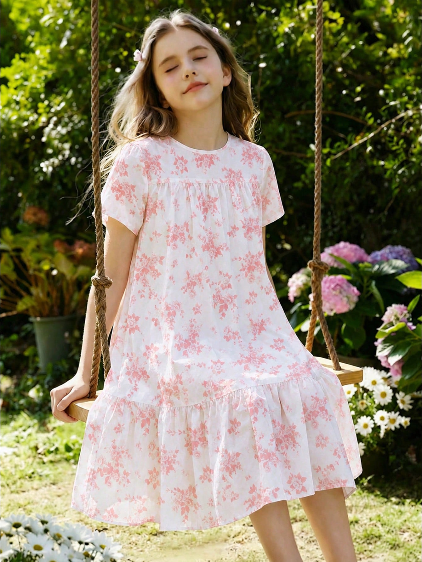 Tween girl wearing an Army Green textured short sleeve smock midi dress with round neck and ruffle flounce hem.