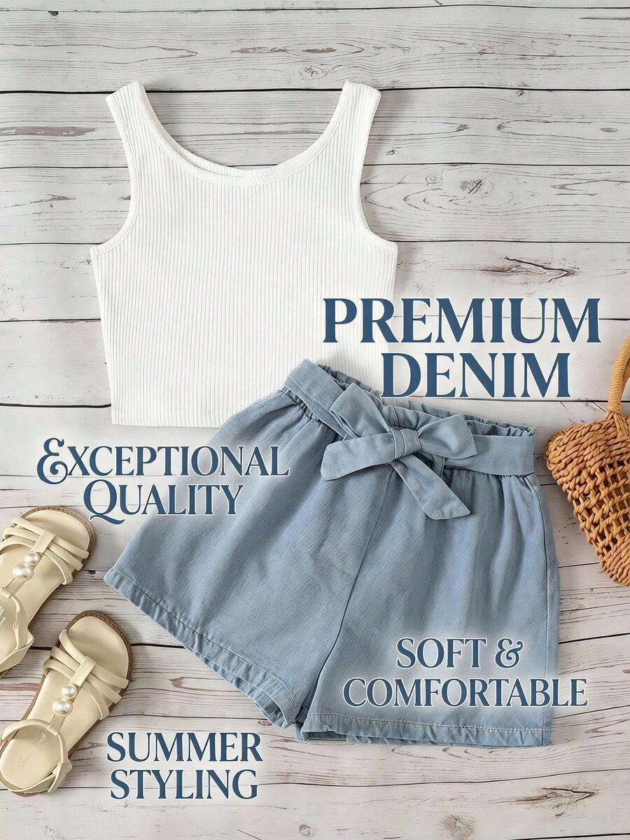 Tween girl wearing a casual 2-piece set featuring a black rib-knit scoop neck tank top and leopard print paperbag waist shorts with a matching belt.
