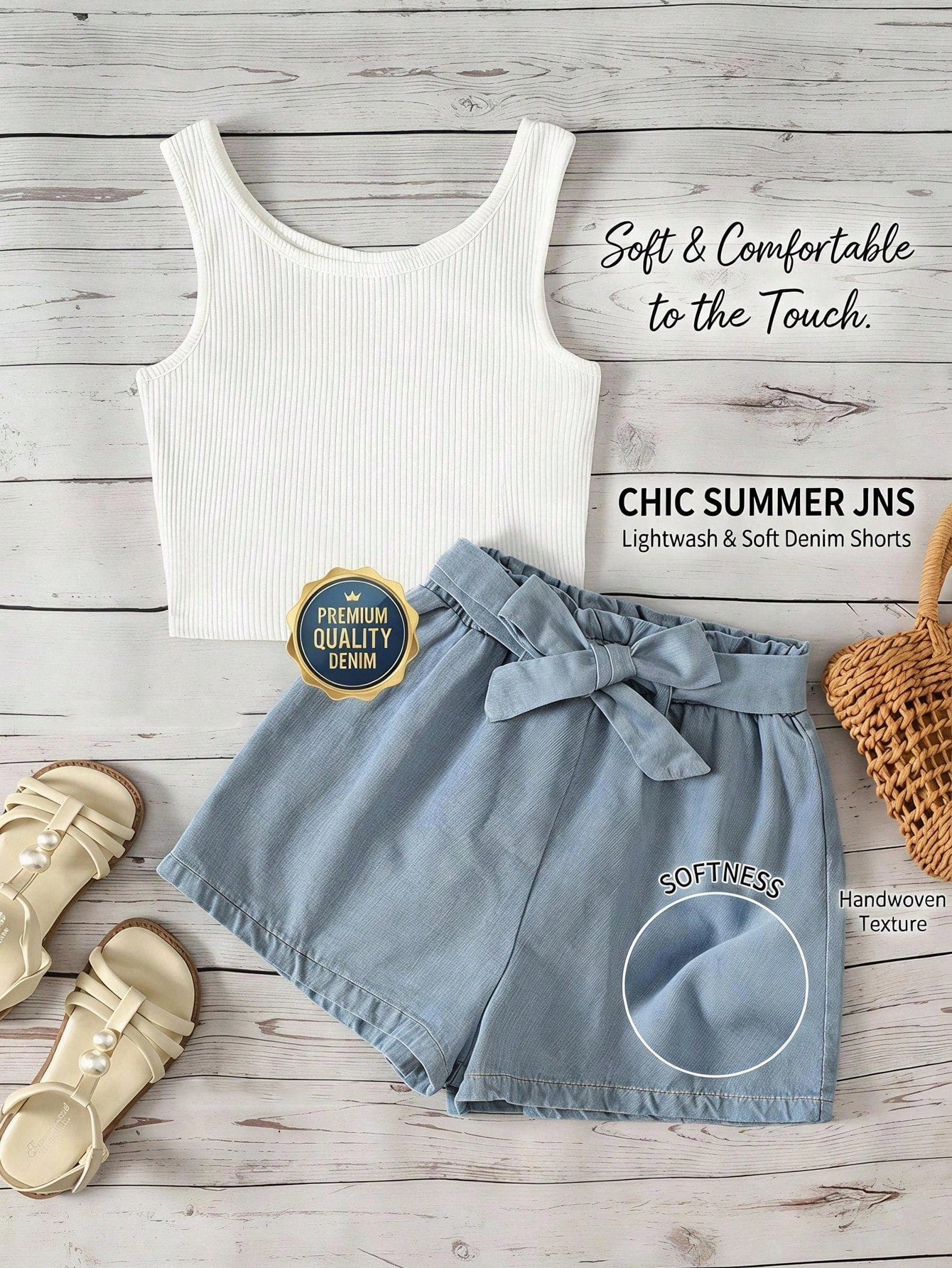 Tween girl wearing a casual 2-piece set featuring a black rib-knit scoop neck tank top and leopard print paperbag waist shorts with a matching belt.