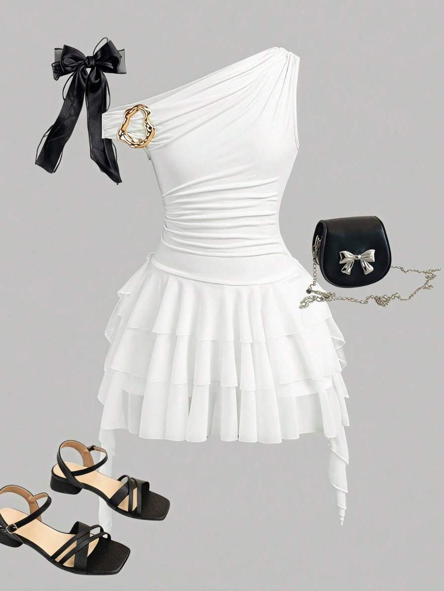 Tween girls sleeveless apricot A-line dress featuring an asymmetrical neck, contrast lace trim, and a flared hem.