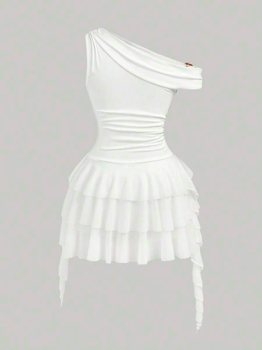 Tween girls sleeveless apricot A-line dress featuring an asymmetrical neck, contrast lace trim, and a flared hem.