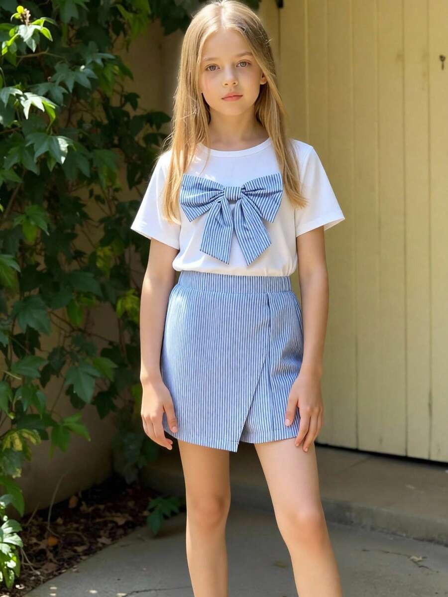 Tween girls 2-piece blue outfit featuring a short sleeve round neck t-shirt with a bow front detail and an asymmetric wrap skort.