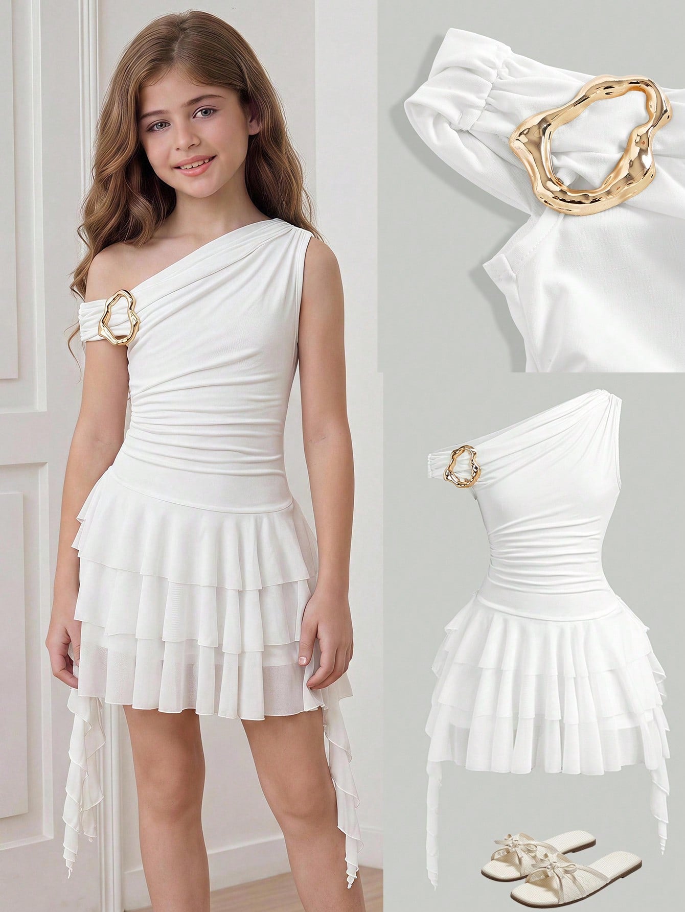 Tween girls sleeveless apricot A-line dress featuring an asymmetrical neck, contrast lace trim, and a flared hem.