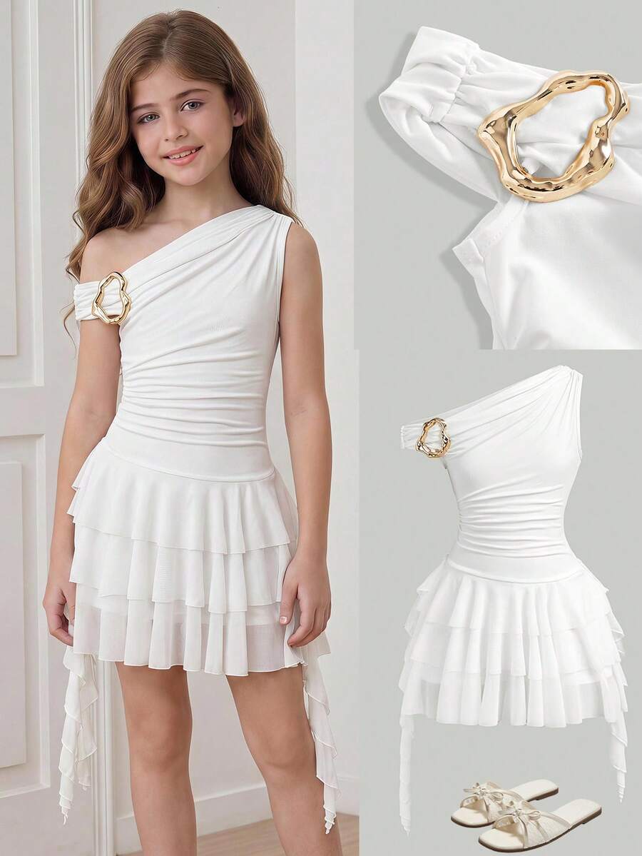 Tween girls sleeveless apricot A-line dress featuring an asymmetrical neck, contrast lace trim, and a flared hem.