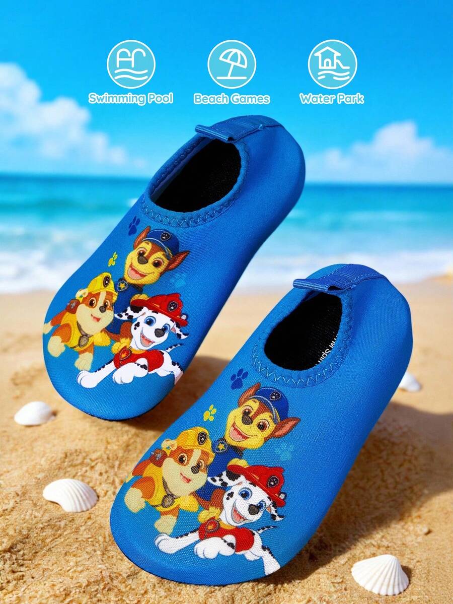 Girls cartoon pattern non-slip water shoes with slip-on closure and durable TPR outsole for beach and outdoor sports.