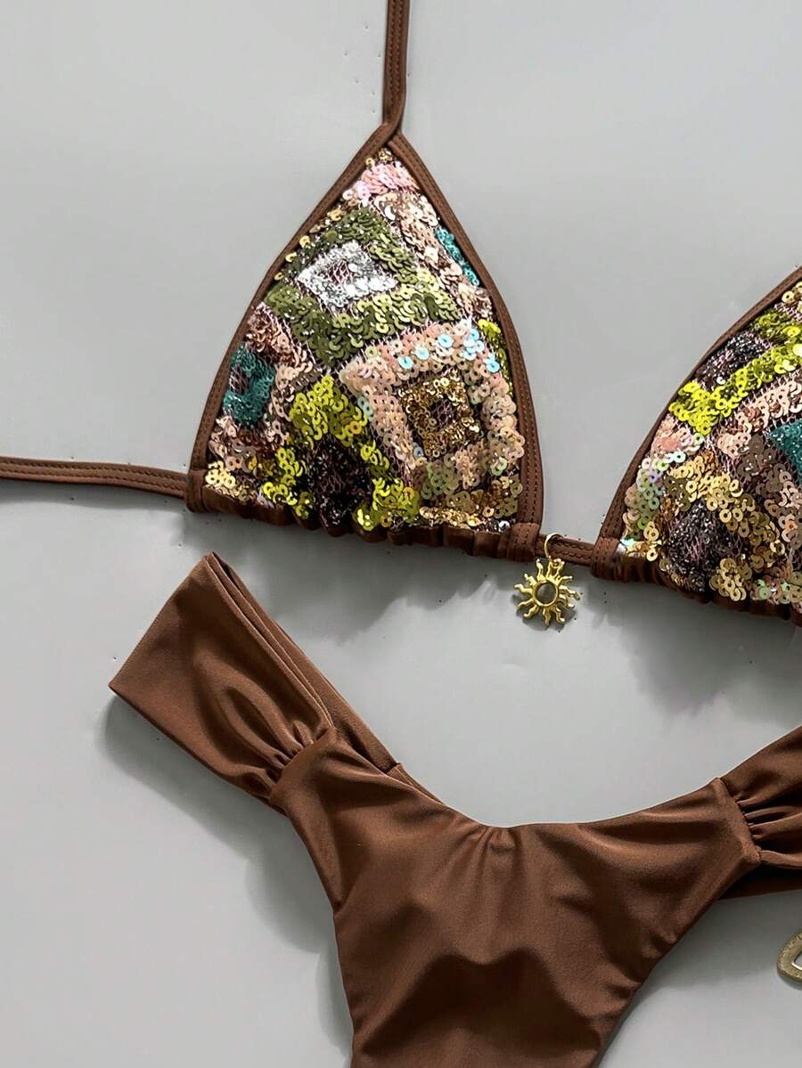 Women's 2-piece triangle cup bikini set in solid color featuring woven pearl shell decoration, halter neckline, and high-waist side-tie ruched bottoms.