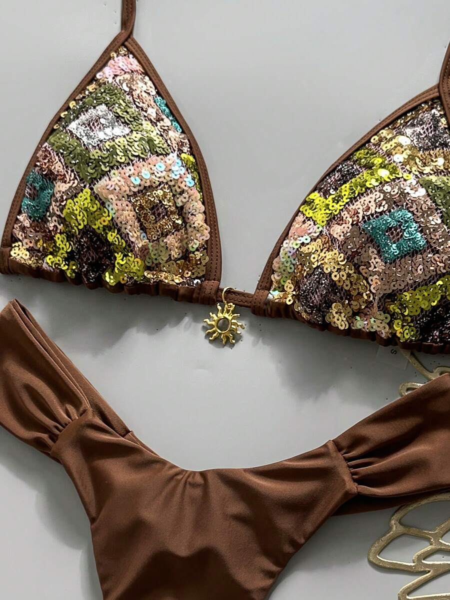 Women's 2-piece triangle cup bikini set in solid color featuring woven pearl shell decoration, halter neckline, and high-waist side-tie ruched bottoms.