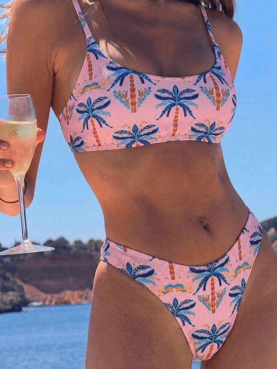 Apricot ribbed high waist two piece bikini swimsuit set for women featuring backless spaghetti strap top and high waisted bottoms.