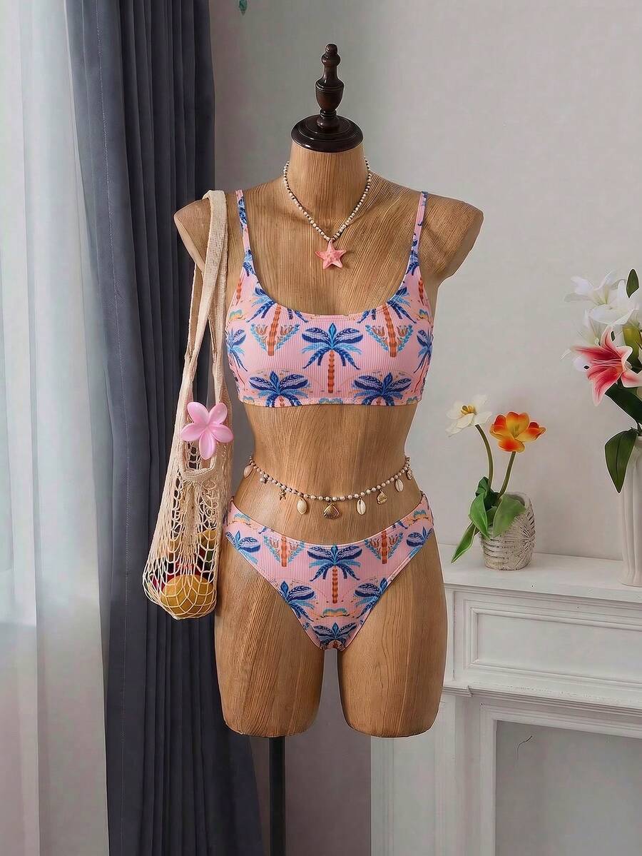 Apricot ribbed high waist two piece bikini swimsuit set for women featuring backless spaghetti strap top and high waisted bottoms.