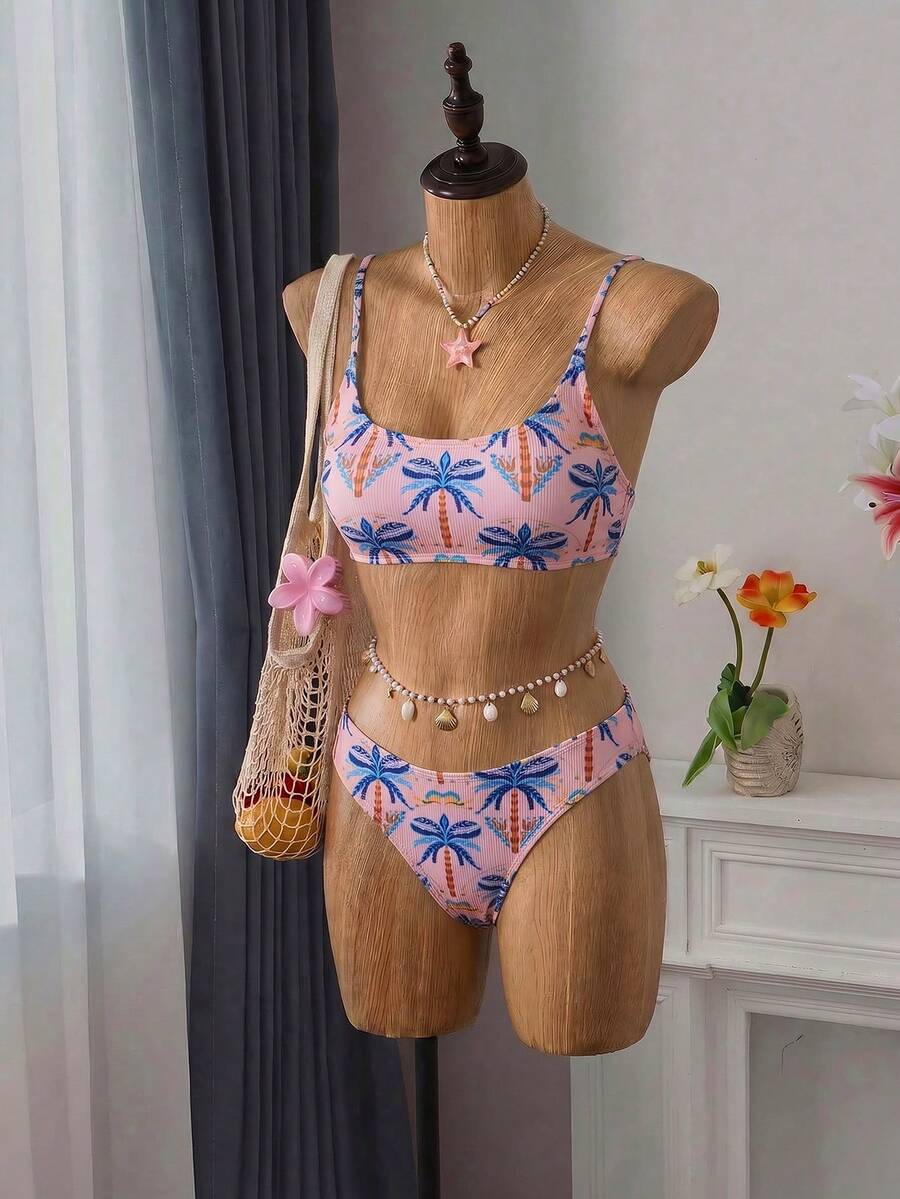 Apricot ribbed high waist two piece bikini swimsuit set for women featuring backless spaghetti strap top and high waisted bottoms.